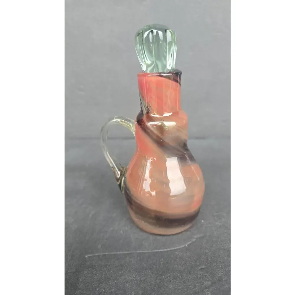 Hand Blown Studio Art Glass Handled Cruet Bottle w/ Stopper Swirl Green Mini